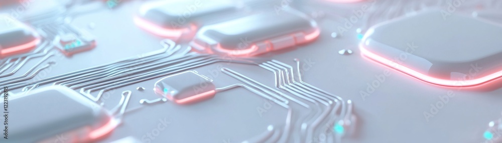 Poster glowingly etched circuit board design with neon lines showcasing intricate pathways against a smooth