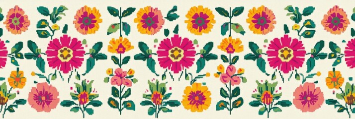 Colorful floral pattern with vibrant flowers in retro style