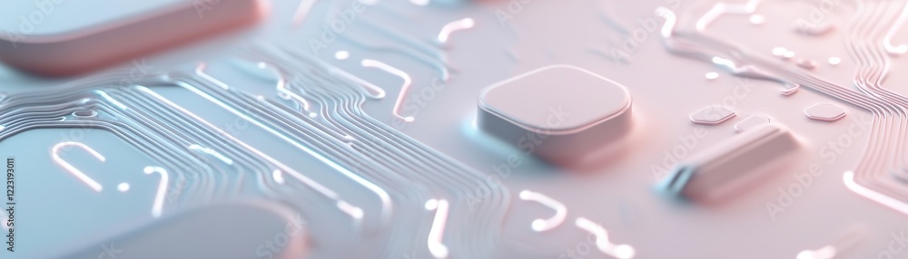 Poster elegant circuit board pattern etched into a smooth white surface features glowing neon blue, green, 