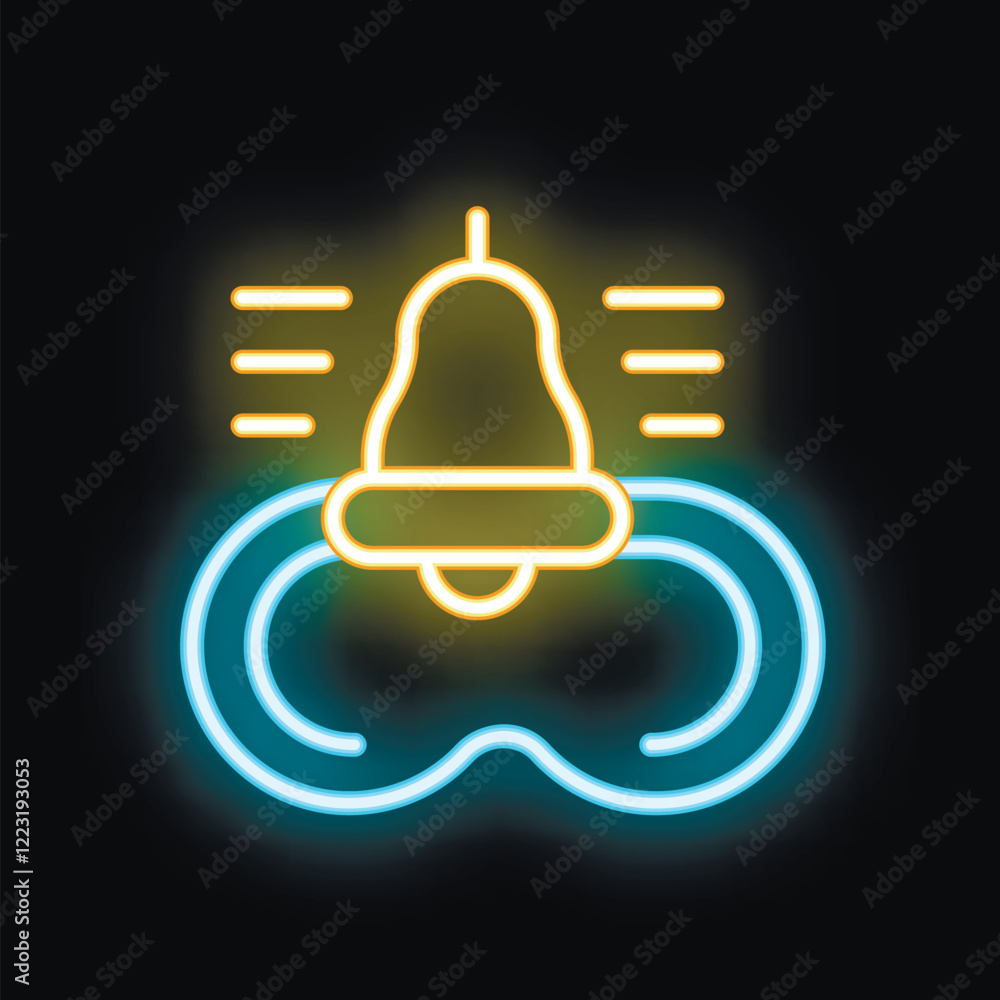 Poster glowing neon icon of a ringing bell sending out sound waves, perfect for representing notifications 