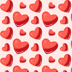 Seamless pattern with red hearts on light pink background. Fabric design texture