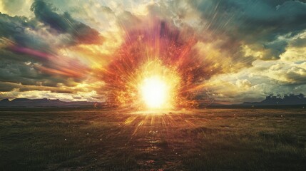 Vibrant sunset explosion in dramatic cloudy landscape at twilight