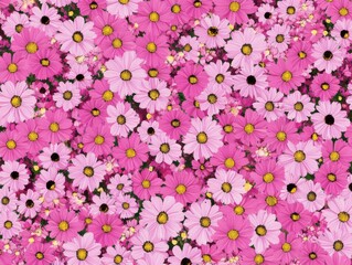 A Dense Field of Pink Cosmos Flowers in Various Shades of Pink with Bright Yellow Centers Creating a Vibrant and Cheerful Scene
