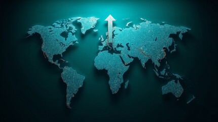 Naklejka premium Futuristic business concept with holographic arrows pointing upward, glowing world map, intense jet black, chiaroscuro lighting, strong contrasts, deep shadows, pure black background
