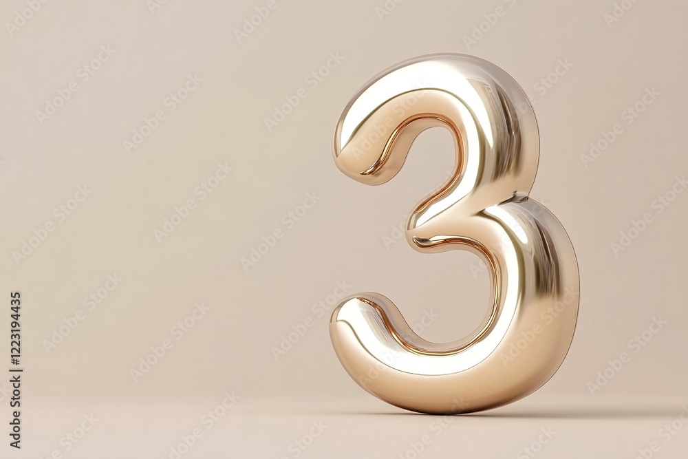 Poster a glossy matte gold number 3 rests against a smooth beige gradient background, showcasing subtle lig