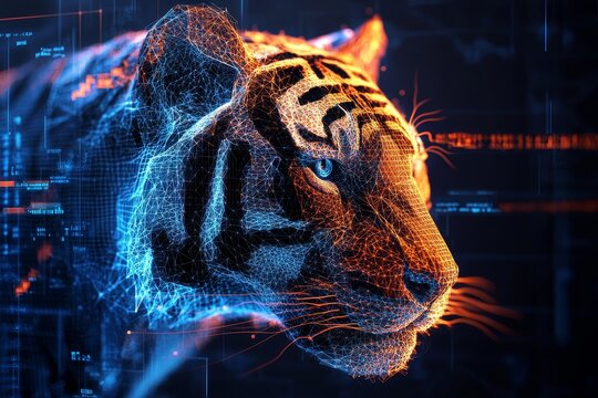 3 polygon holographic tiger head model, digital diagram on background