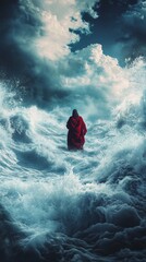 Fototapeta premium Jesus walking on the sea, biblical concept with copy space vertically 9:16