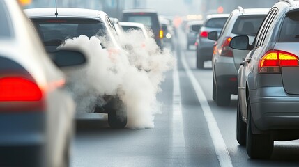 Traffic congestion with vehicles emitting exhaust fumes, highlig