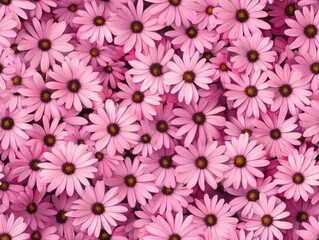 Scattered Pink Daisy Flowers and Buds with Yellow Centers on a White Background
