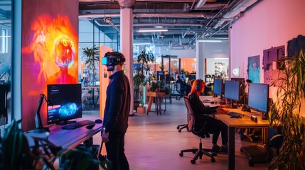 A tech startup with floating holograms, developers in futuristic workspaces and an energetic atmosphere