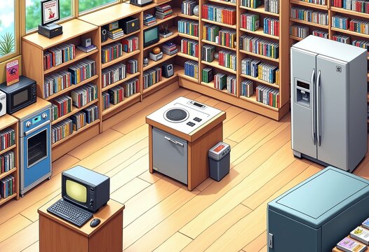 cozy library interior with books and appliances clip art preview