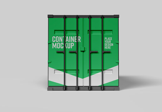 Cargo Container Mockup &ndash; Frontal Warehouse Shipping Scene with Bold Green Branding Surface