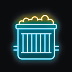 Glowing neon line icon representing a pet cage, isolated on a black background