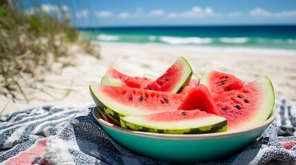 Delicious juicy watermelon slices on a stick arranged in a bowl laying on a picnic blanket at the beach