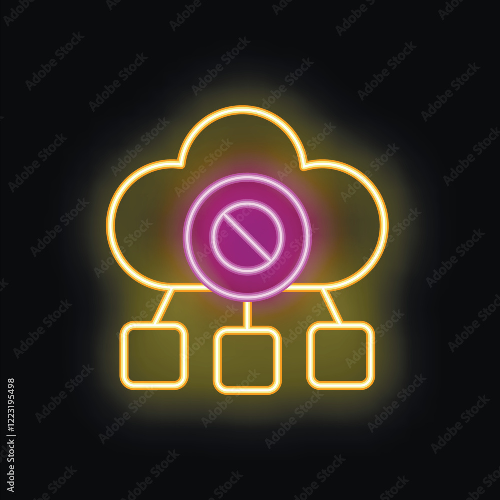 Poster neon glowing icon of a cloud computing system showing blocked access to the network, with a stop sig