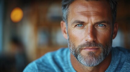 Close-up portrait of a mature man with blue eyes and a beard, captured in a cozy caf? setting