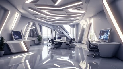 Obraz premium Futuristic hi tech office with unusual geometric shapes and bright lighting