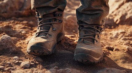 Close-up of hiking boots on rugged terrain, showcasing durability and outdoor readiness.