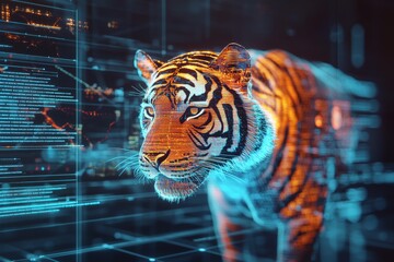 3 polygon holographic tiger head model, digital diagram on background