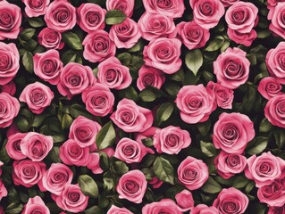 Fototapeta premium A Seamless Pattern of Pink Rose Flowers with Dark Green Leaves and Buds on a Dark Green Background Creating a Lush and Romantic Atmosphere 