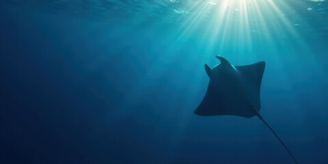 Silhouette of a ray swimming in deep ocean water, sunbeams illuminating from above