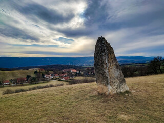 Menhir on the hill in the village of Morinka, Central Bohemia, Czech Republic