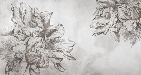 Beautiful macro lotus flowers on concrete grunge wall. Floral background for wallpaper, photo wallpaper, mural, card, postcard, painting. Design in the loft, classic, modern style.