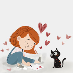 Illustration of a girl with red hair drawing hearts next to a black cat on a light colored background with blank space for text