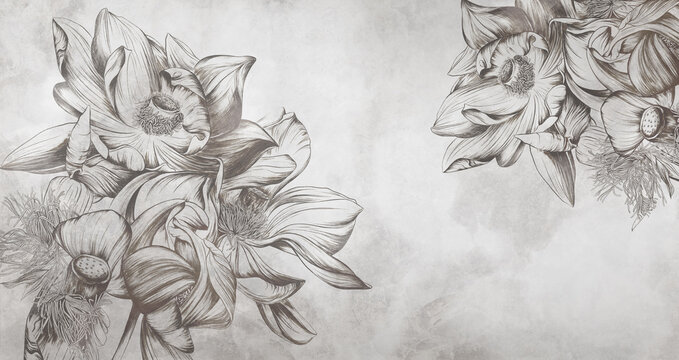 Fototapeta Beautiful macro lotus flowers on concrete grunge wall. Floral background for wallpaper, photo wallpaper, mural, card, postcard, painting. Design in the loft, classic, modern style.