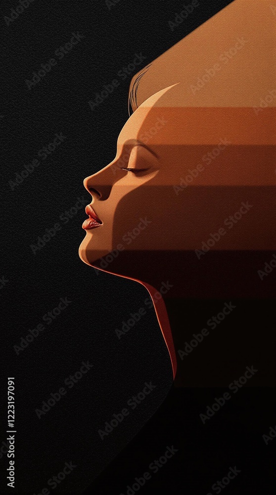 Poster a minimalistic shadow portrait of a woman with a gradient of soft peach to dark rust, fading into a 