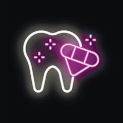 Neon icon of a tooth getting cleaned representing the concept of dental hygiene