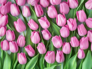 Obraz premium A Seamless Pattern of Pink Tulip Flowers with Green Leaves on a Green Background Creating a Lush and Vibrant Atmosphere 