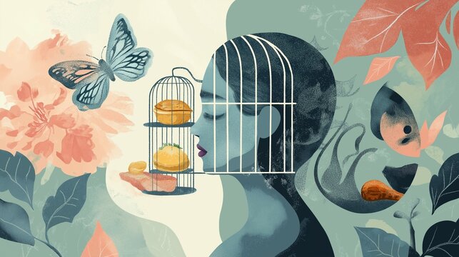 Conceptual Representation of Eating Disorders and Emotional Struggles. Visualizing Anorexia Nervosa: Restriction and Fear of Weight Gain. Bulimia Nervosa Depiction. mental health - Eating Disorders