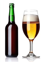 Beer bottle and glass, frothy beverage, white background, refreshment, alcohol