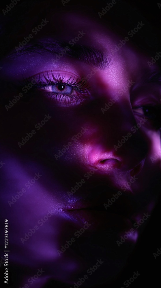 Poster a close-up of a woman face in partial shadow, illuminated by a gradient of lavender to deep plum on 