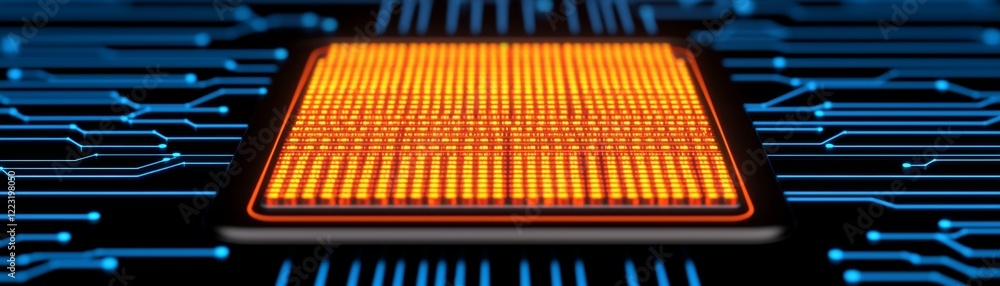 Poster a close-up view of a vibrant orange microchip surrounded by intricate blue circuitry, symbolizing ad