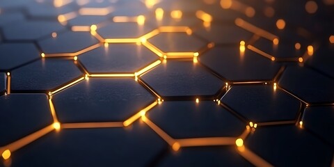 Fototapeta premium 3D render of a hexagon pattern with glowing lights on a black background