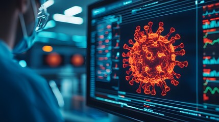 A scientist analyzes a digital representation of a virus, featuring intricate details and data overlays, in a high-tech laboratory setting.