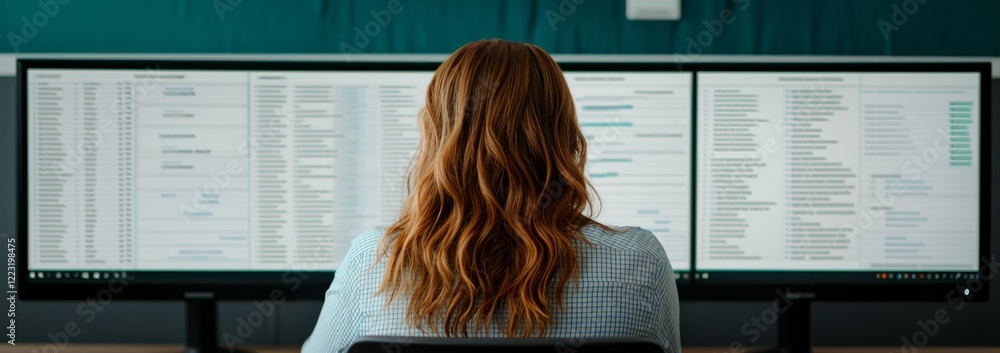 Poster a woman with long hair sits at a desk, facing two large monitors displaying data, suggesting a profe