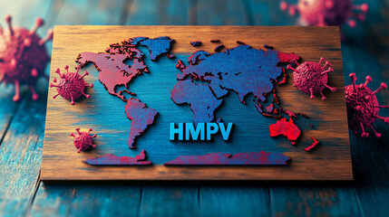 Human metapneumovirus HMPV molecular closeup view with world map concept, recently break out a new respiratory virus causing flu like symptoms coughs and fevers, Close up vibrant virus particles.
