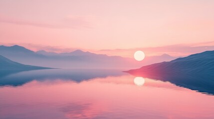 Serene pink sunset over calm lake with misty mountains