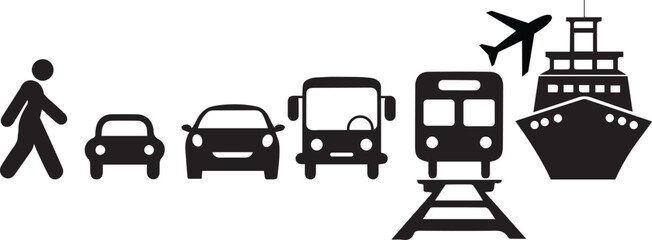 Transport icons set. Auto, bus, train, ship, plane and on foot. Public, travel and delivery transport icons. Vector illustration.