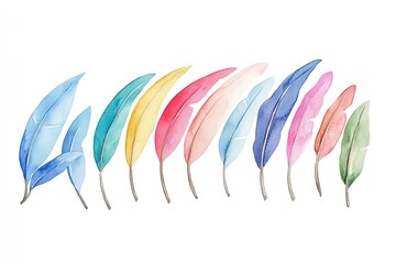 Colorful watercolor feathers arranged in a vibrant gradient, showcasing artistic creativity and design