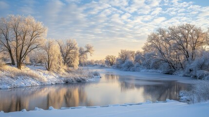 Serene winter landscape with snow-covered trees and frozen river at sunrise