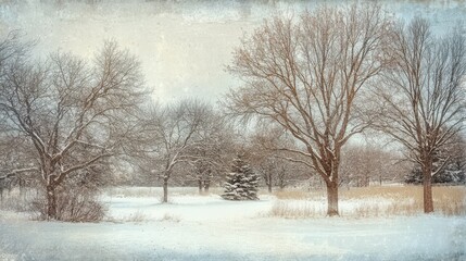 Snow-covered winter landscape with bare trees and distant evergreens