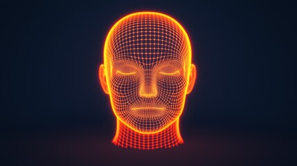 A digital, wireframe representation of a human head glowing in orange, set against a dark background, showcasing modern 3D design aesthetics.