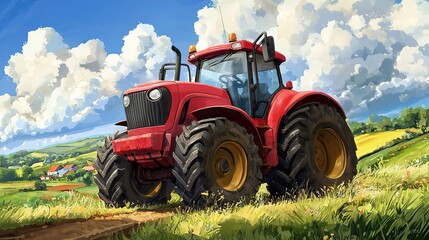 Obraz premium A vibrant depiction of a tractor highlighting the shift to renewable energy in farming.