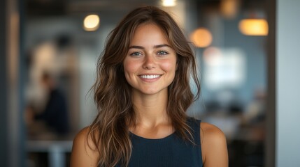 Smiling woman in a modern office setting, showcasing confidence and positivity amidst colleagues