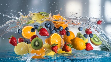 Vibrant Splash of Fresh Fruits in Water – Dynamic and Refreshing Concept