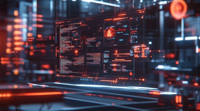 An image zooming in on a sleek terminal screen filled with cybersecurity metrics and alert notifications alongside symbols indicating secure data pathways. Hints of industrial equipment